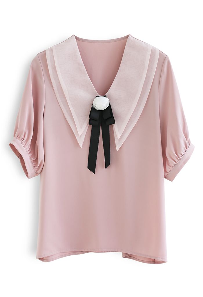 Rose Brooch Organza Collar Satin Shirt in Pink