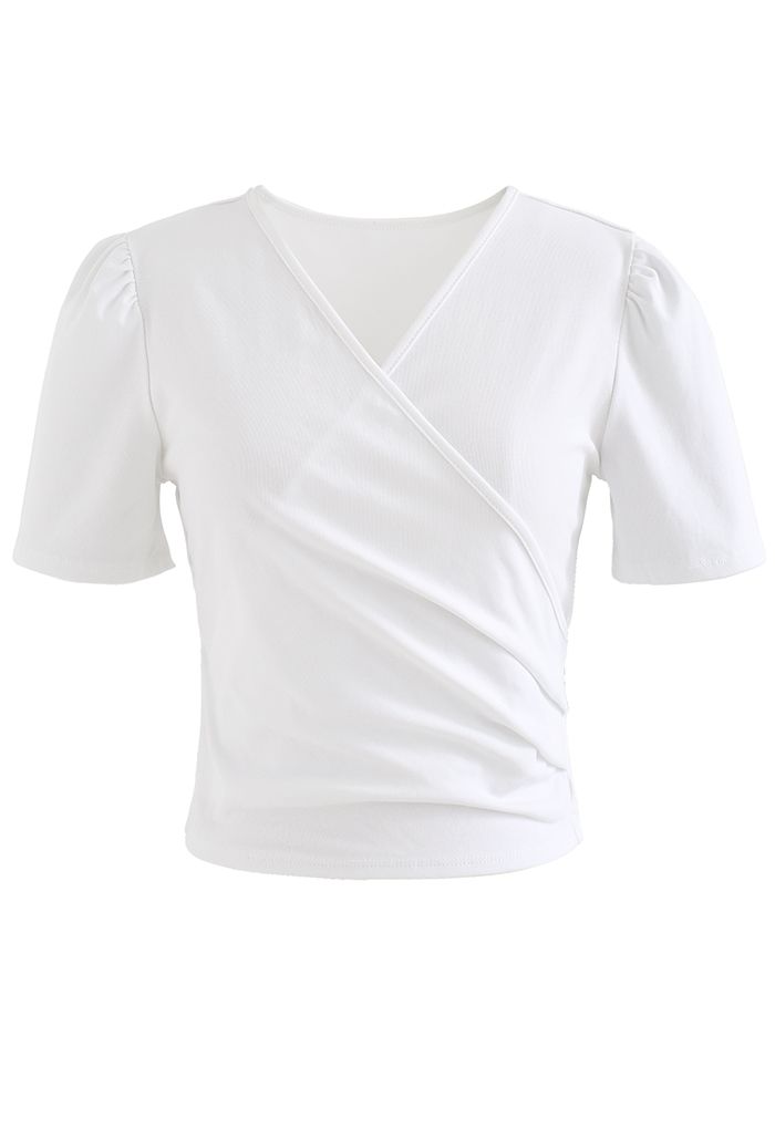 Cut Out Back Faux-Wrap Top in White