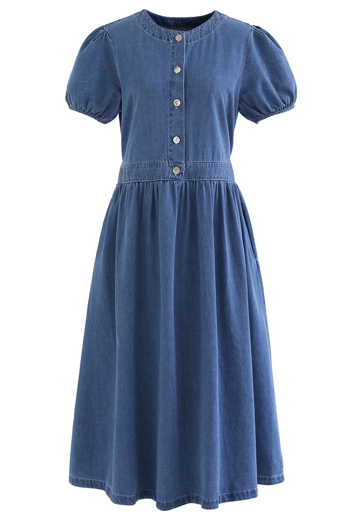 Short Sleeve Buttons Front Denim Dress in Blue - Retro, Indie and ...