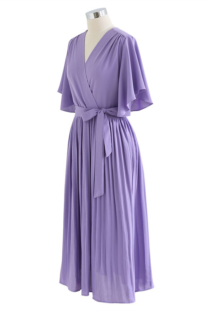 Faux Wrap Tie Waist Pleated Midi Dress in Lilac - Retro, Indie and ...