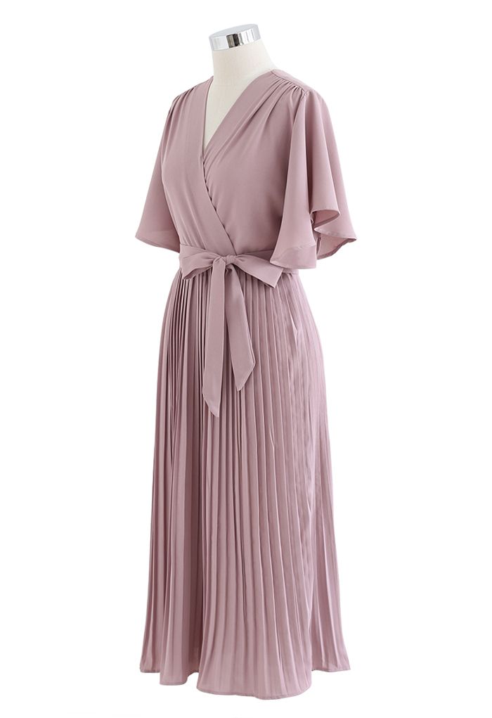 Faux Wrap Tie Waist Pleated Midi Dress in Dusty Pink - Retro, Indie and ...