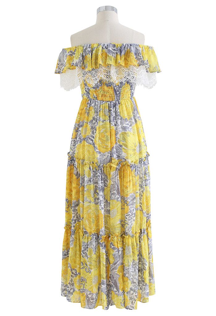 Blossom Lacy Off-Shoulder Shimmery Dot Midi Dress in Yellow - Retro ...