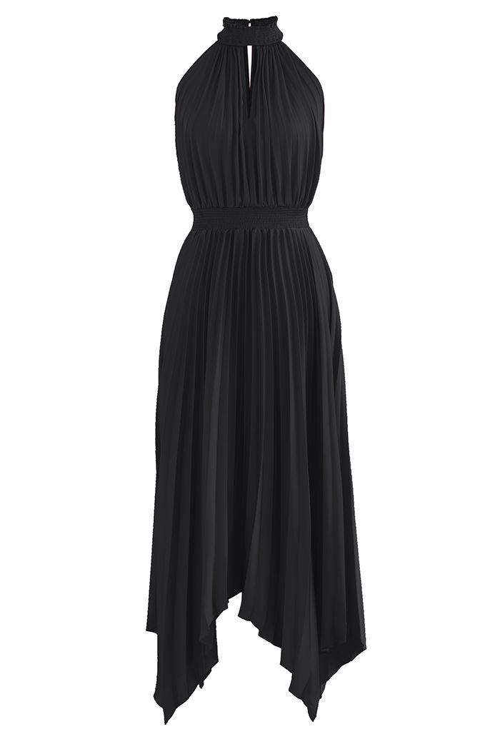 Halter Neck Pleated Asymmetric Maxi Dress in Black - Retro, Indie and ...