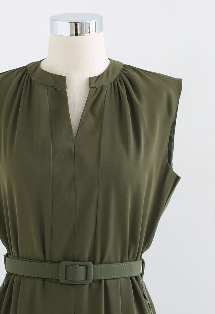 V-Shape Neck Belted Wide-Leg Jumpsuit in Army Green
