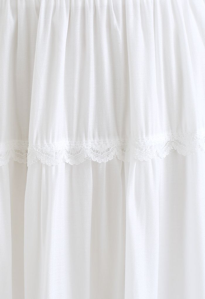 Scalloped Lace Pleated Frilling Midi Skirt in White