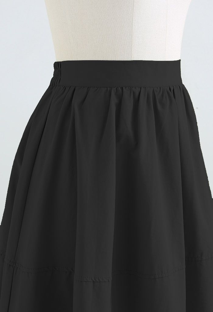 Seam Detailing Cotton Midi Skirt in Black