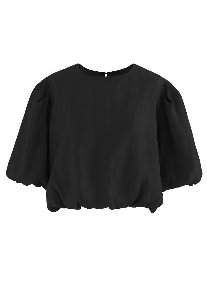 Round Neck Bubble Sleeve Crop Top in Black
