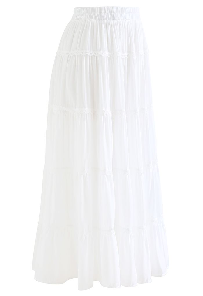 Scalloped Lace Pleated Frilling Midi Skirt in White - Retro, Indie and ...