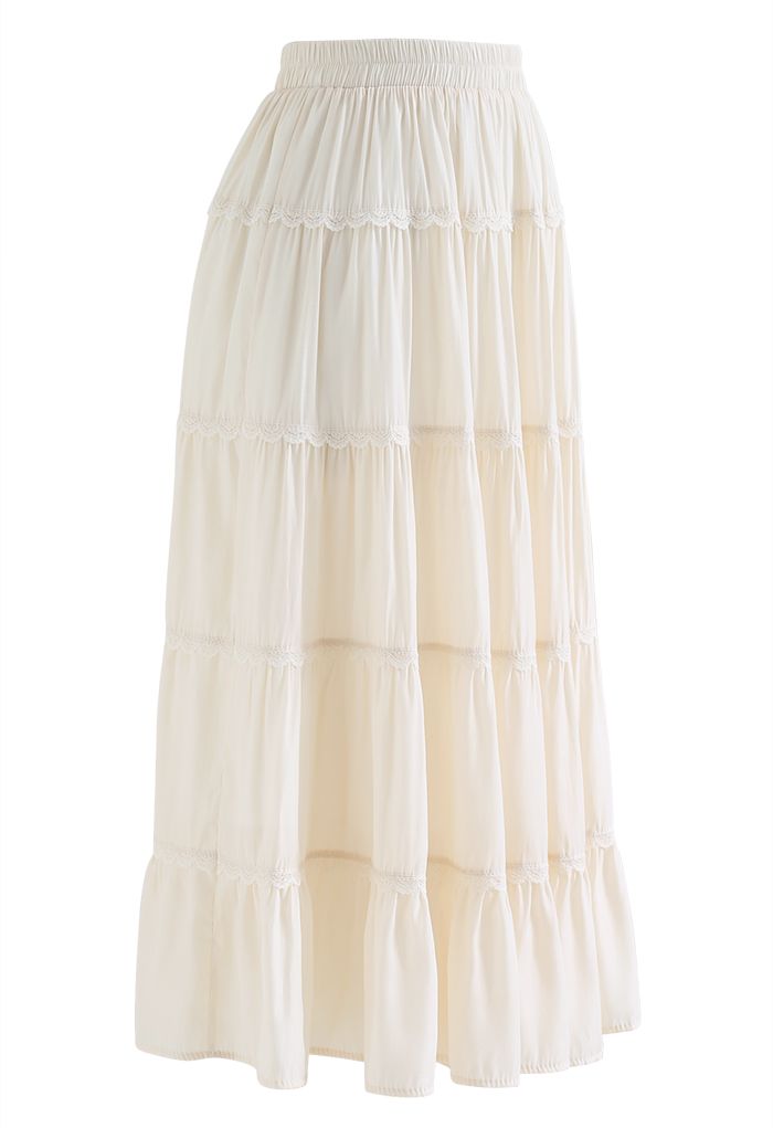 Scalloped Lace Pleated Frilling Midi Skirt in Cream