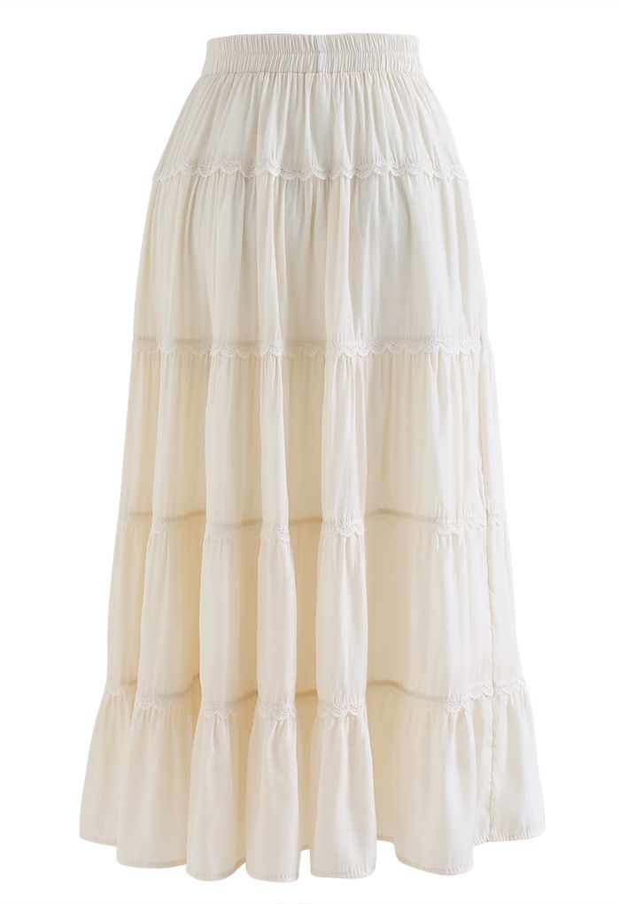 Scalloped Lace Pleated Frilling Midi Skirt in Cream - Retro, Indie and ...
