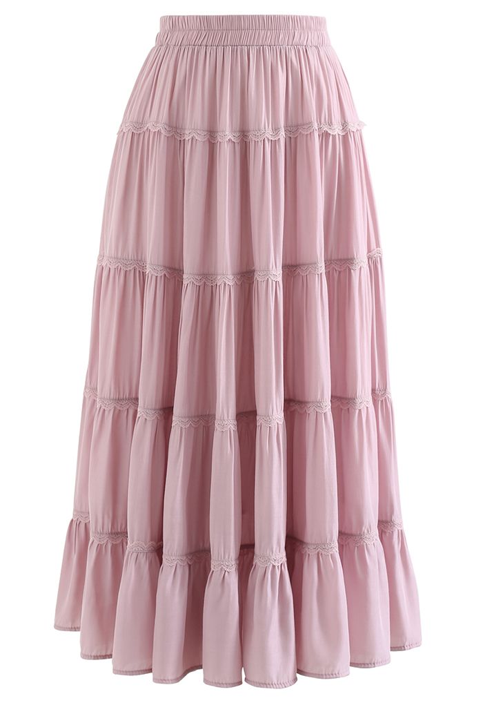 Scalloped Lace Pleated Frilling Midi Skirt in Pink - Retro, Indie and ...