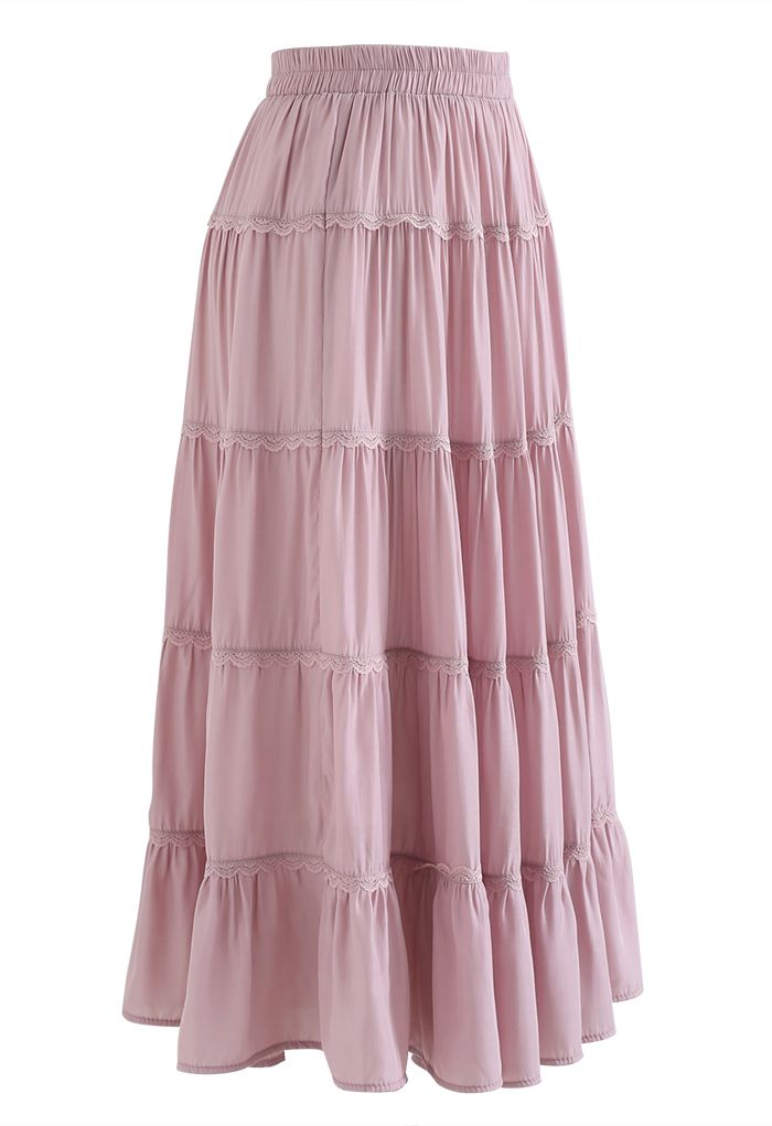 Scalloped Lace Pleated Frilling Midi Skirt in Pink - Retro, Indie and ...