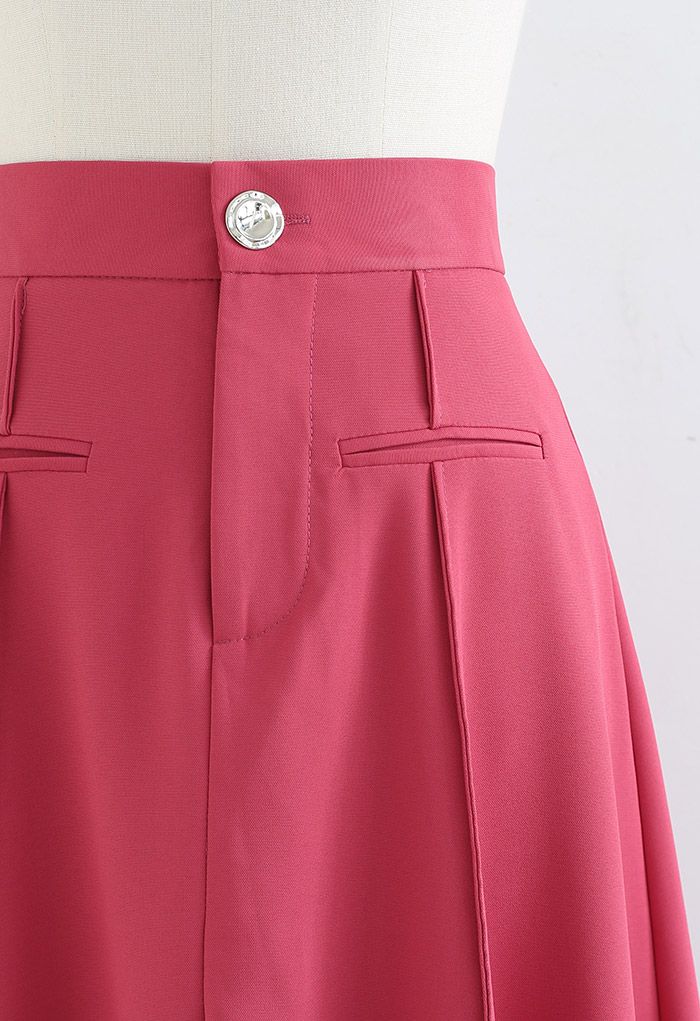 Faux Welt Pocket Seam Detail Midi Skirt in Coral