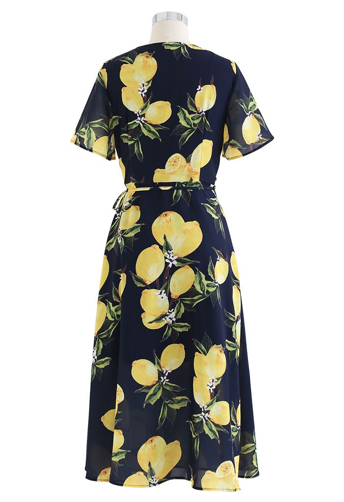 Sweet Lemon Print Wrap Midi Dress - Retro, Indie and Unique Fashion