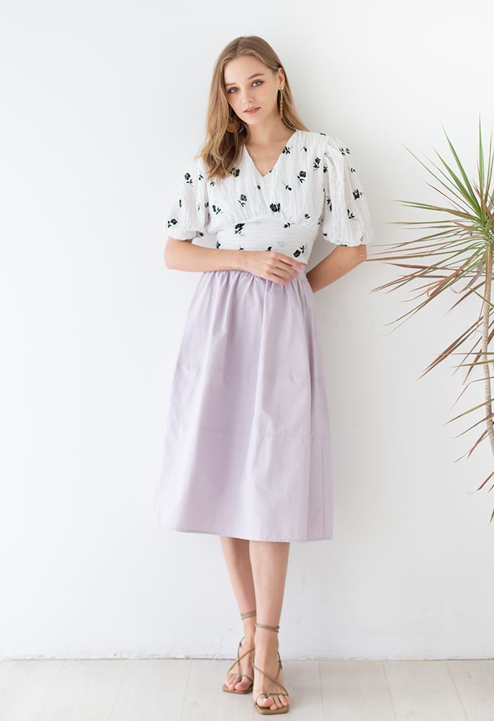 Seam Detailing Cotton Midi Skirt in Lilac
