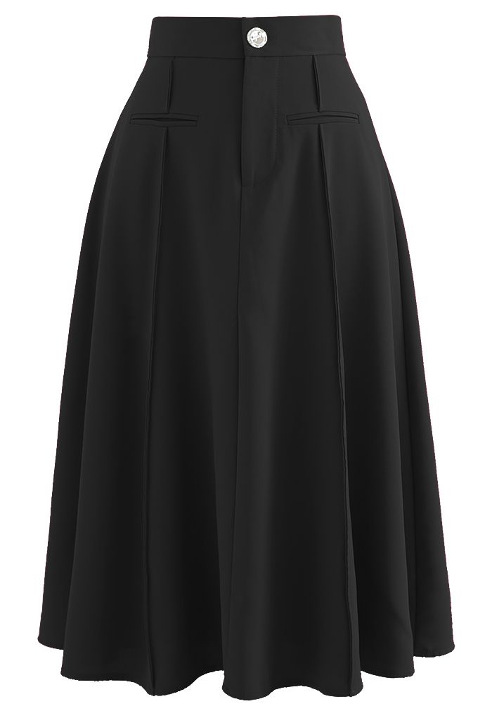 Faux Welt Pocket Seam Detail Midi Skirt in Black