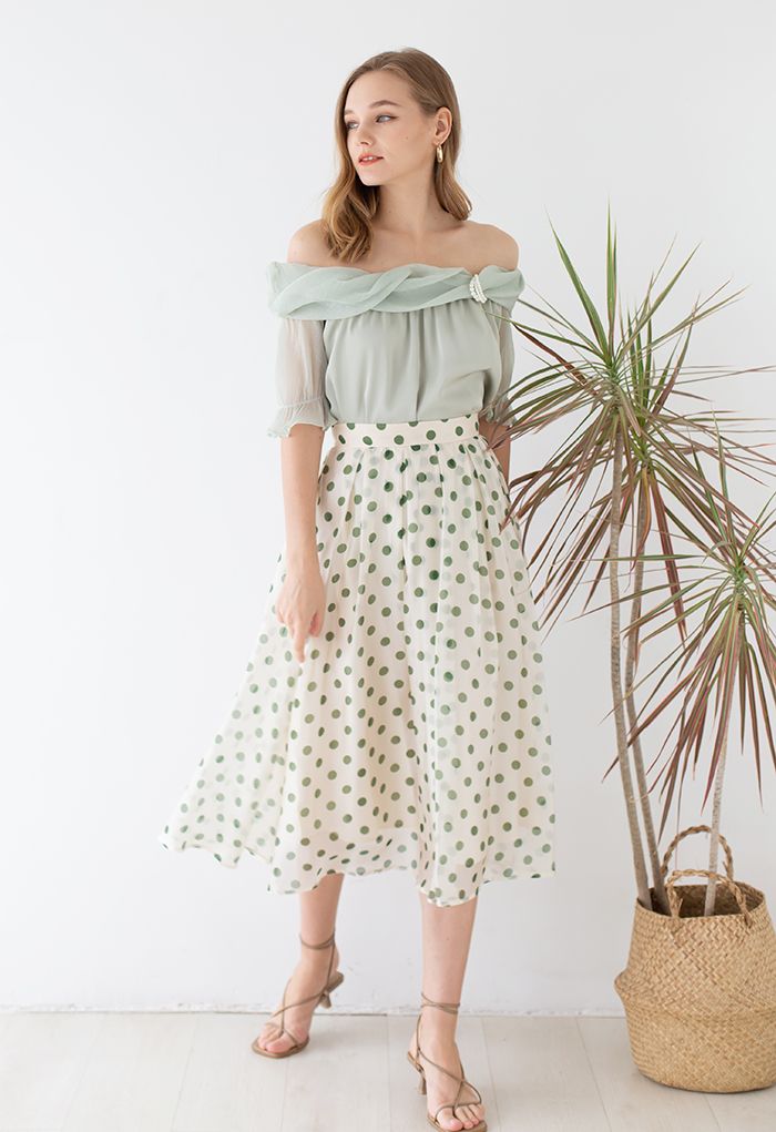 Green Dot Pleated Sheer Midi Skirt