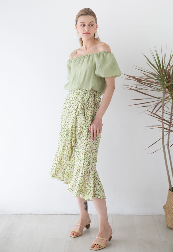 Green Daisy Tie-Waist Asymmetric Flap Skirt