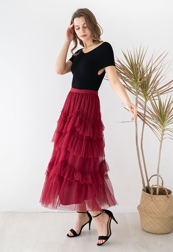 Exquisite Tiered Ruffle Mesh Tulle Skirt in Red