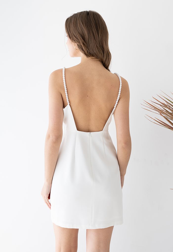 Pearly Straps Backless Cami Dress in White
