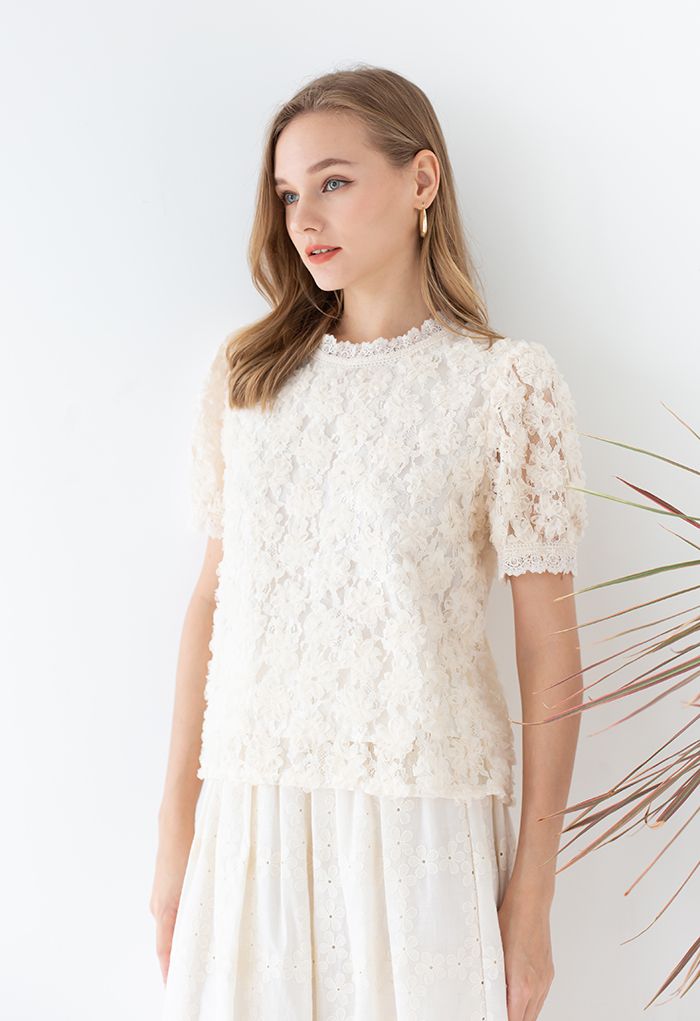 3D Flower Lace Top in Cream