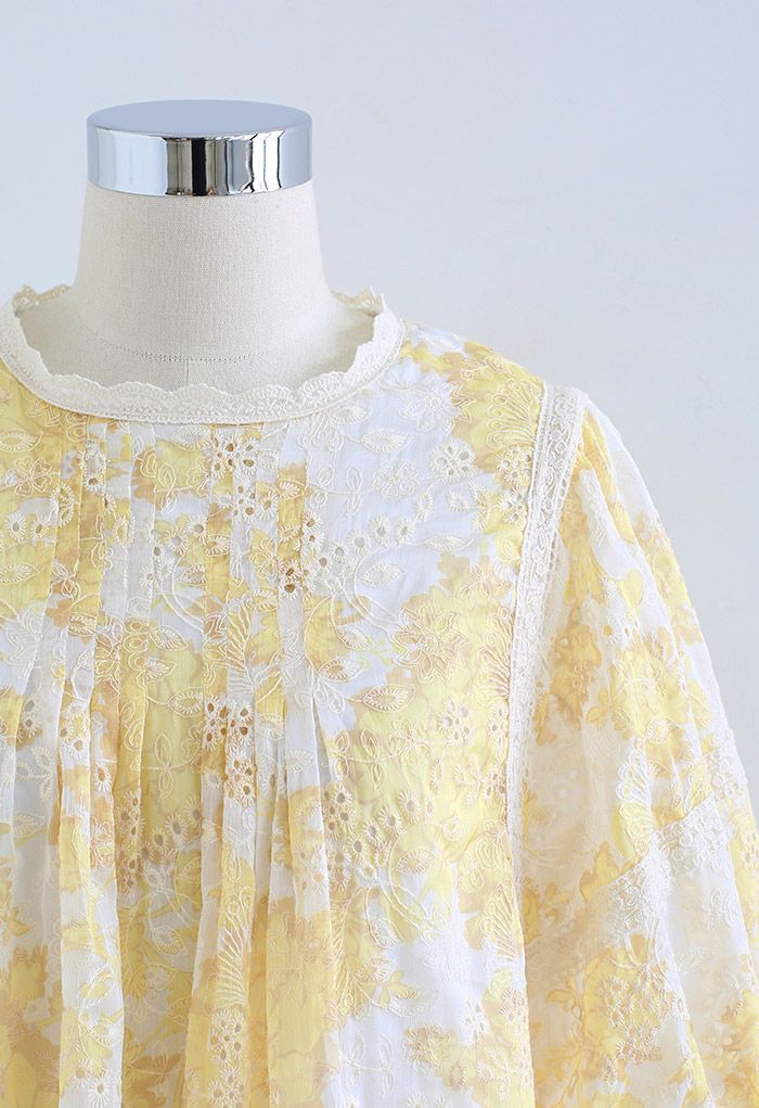 Floral Embroidery Puff Sleeve Top in Yellow - Retro, Indie and Unique ...