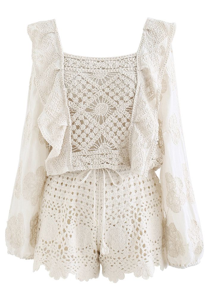 Hollow Out Floral Crochet Cotton Top and Shorts Set in Linen