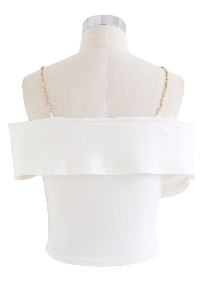 Chain Strap Draped Off-Shoulder Crop Top in White