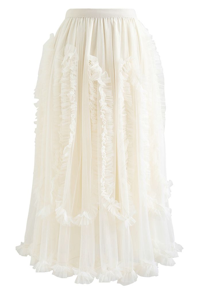 Sinuous Ruffle Double-Layered Mesh Tulle Skirt in Cream