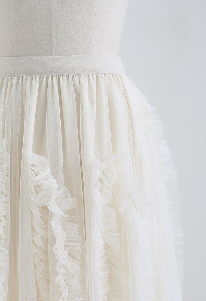 Sinuous Ruffle Double-Layered Mesh Tulle Skirt in Cream