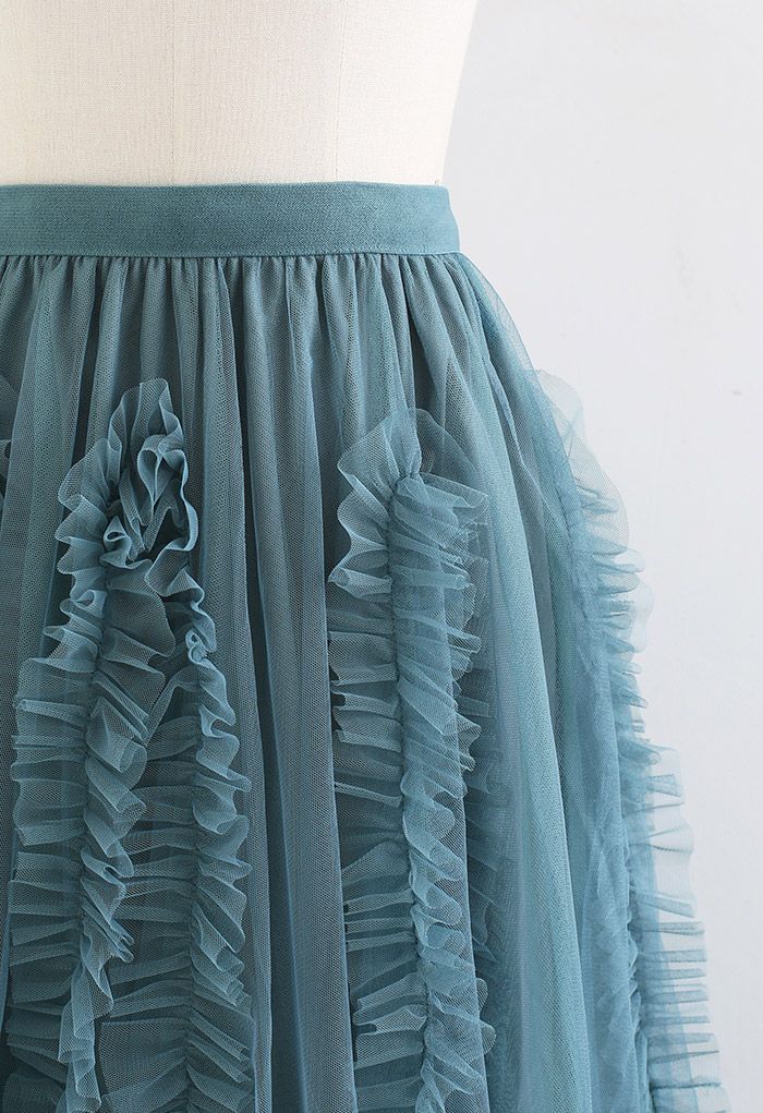 Sinuous Ruffle Double-Layered Mesh Tulle Skirt in Teal - Retro, Indie ...