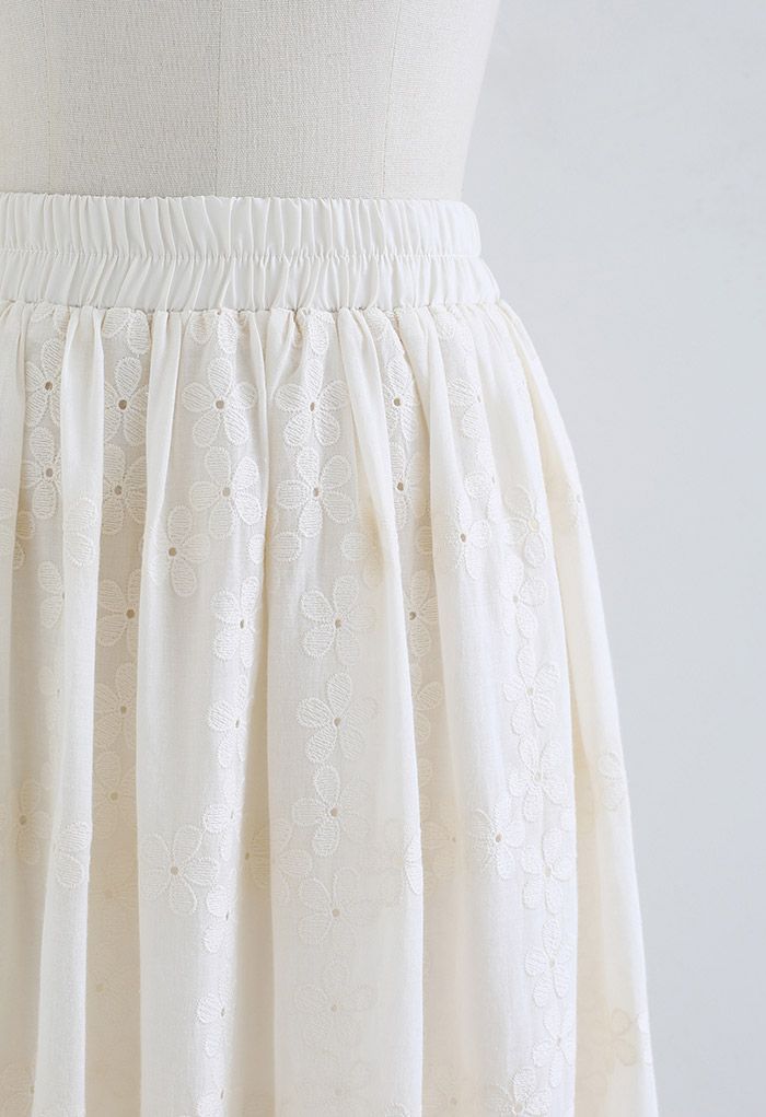 Flower Embroidered Eyelet Cotton Skirt - Retro, Indie and Unique Fashion