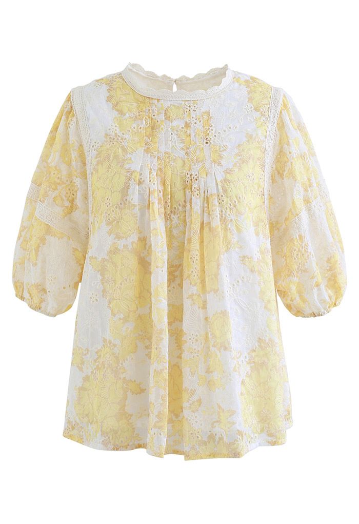 Floral Embroidery Puff Sleeve Top in Yellow - Retro, Indie and Unique ...