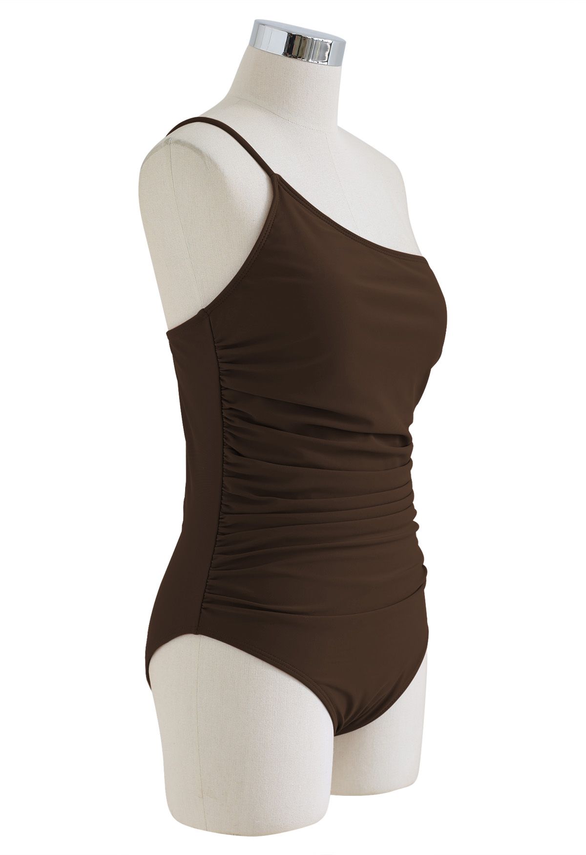 One-Shoulder Ruched Detail Swimsuit in Brown