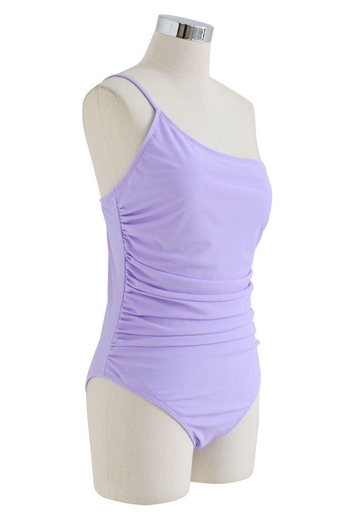 One-Shoulder Ruched Detail Swimsuit in Lilac