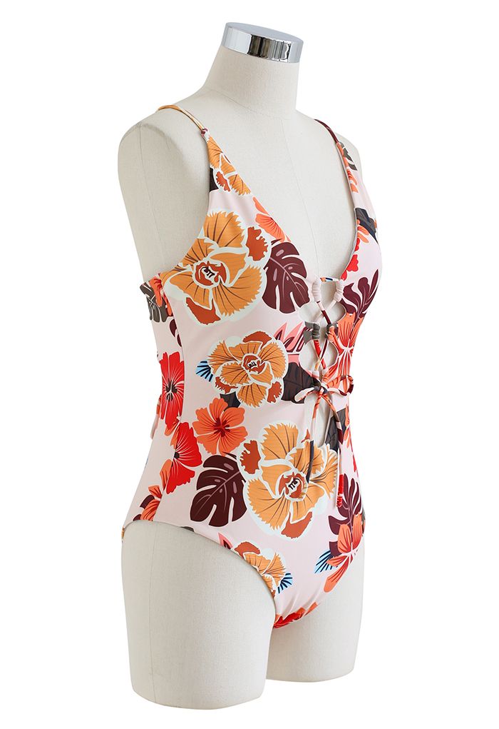 Front and Back Lace-Up Orange Floral Swimsuit