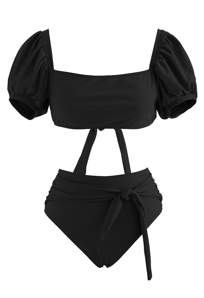 Square Neck Tie Knot Bikini Set in Black