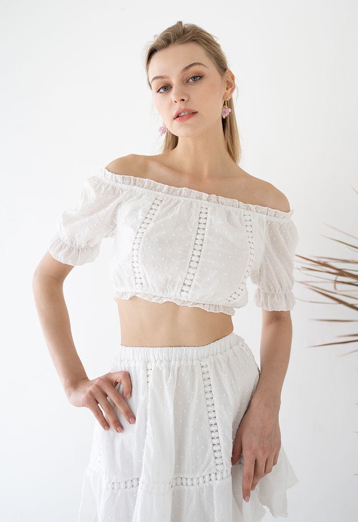 Flock Dot Off-Shoulder Crop Top and Skirt Set in White - Retro, Indie ...