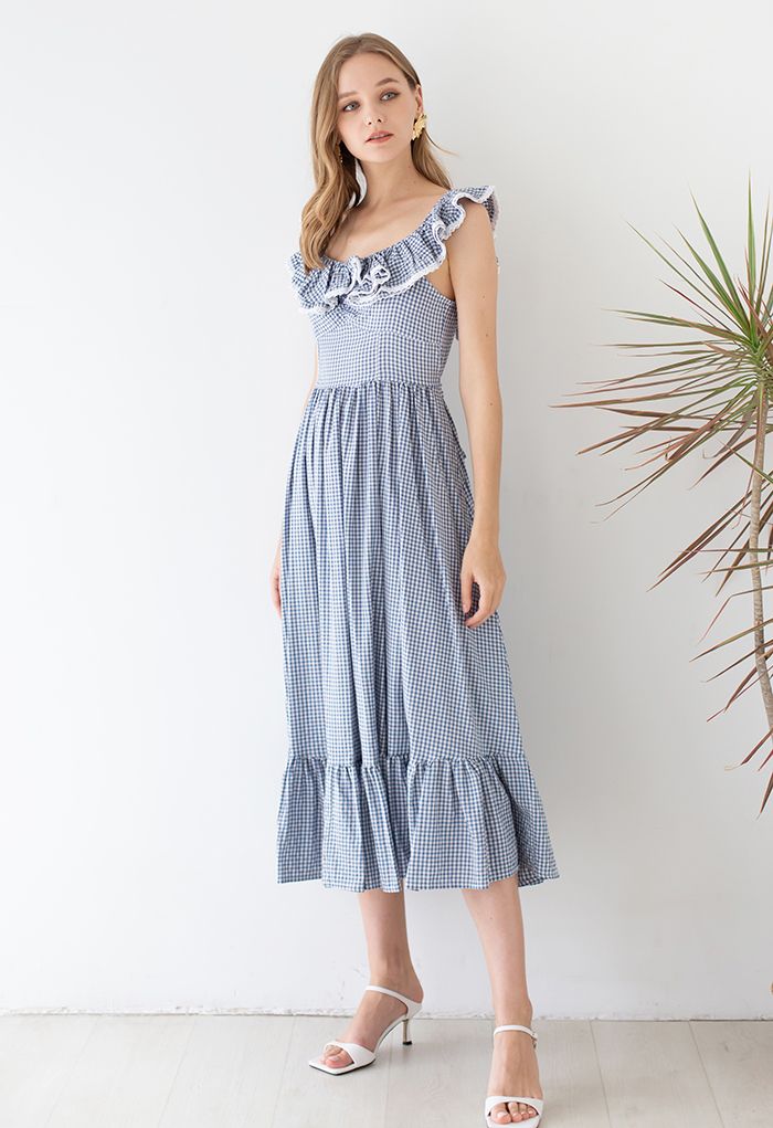 Gingham Ruffled Shoulder Frilling Dress in Blue - Retro, Indie and ...