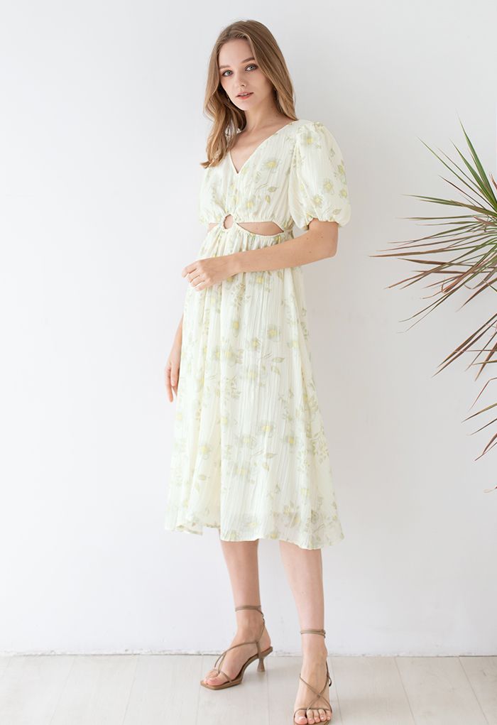 Hazy Floral O-Ring Cutout Puff Sleeve Textured Dress