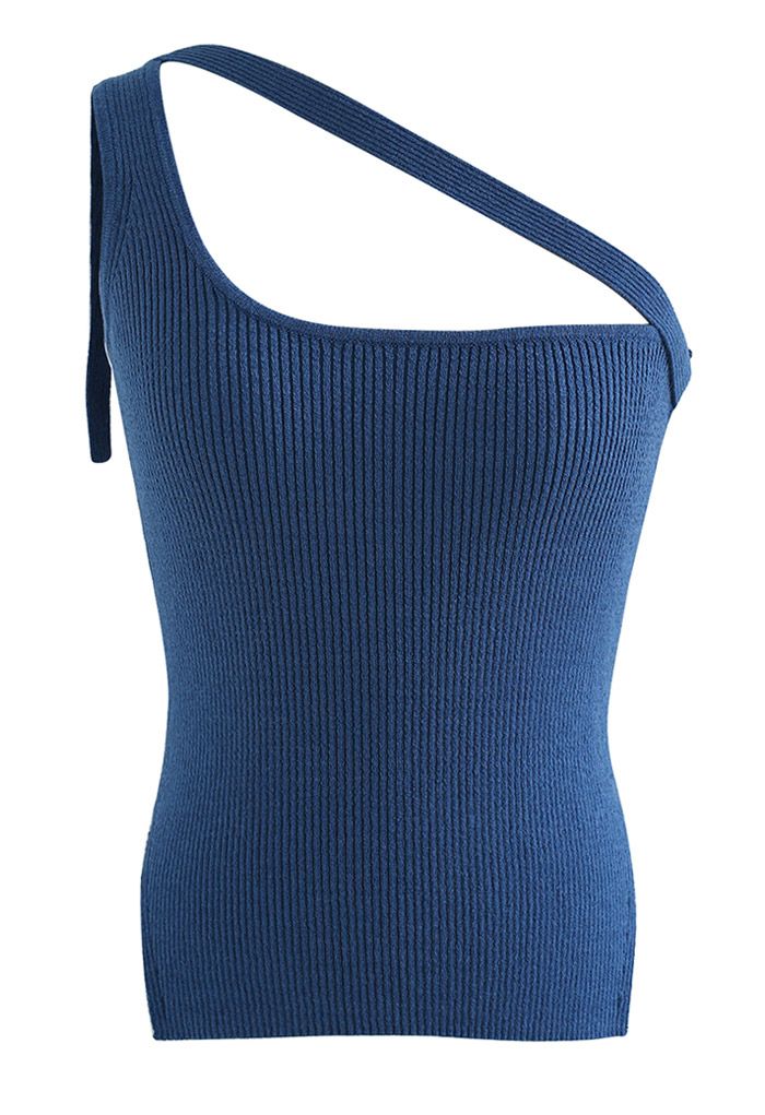Button Strap One-Shoulder Knit Tank Top in Blue