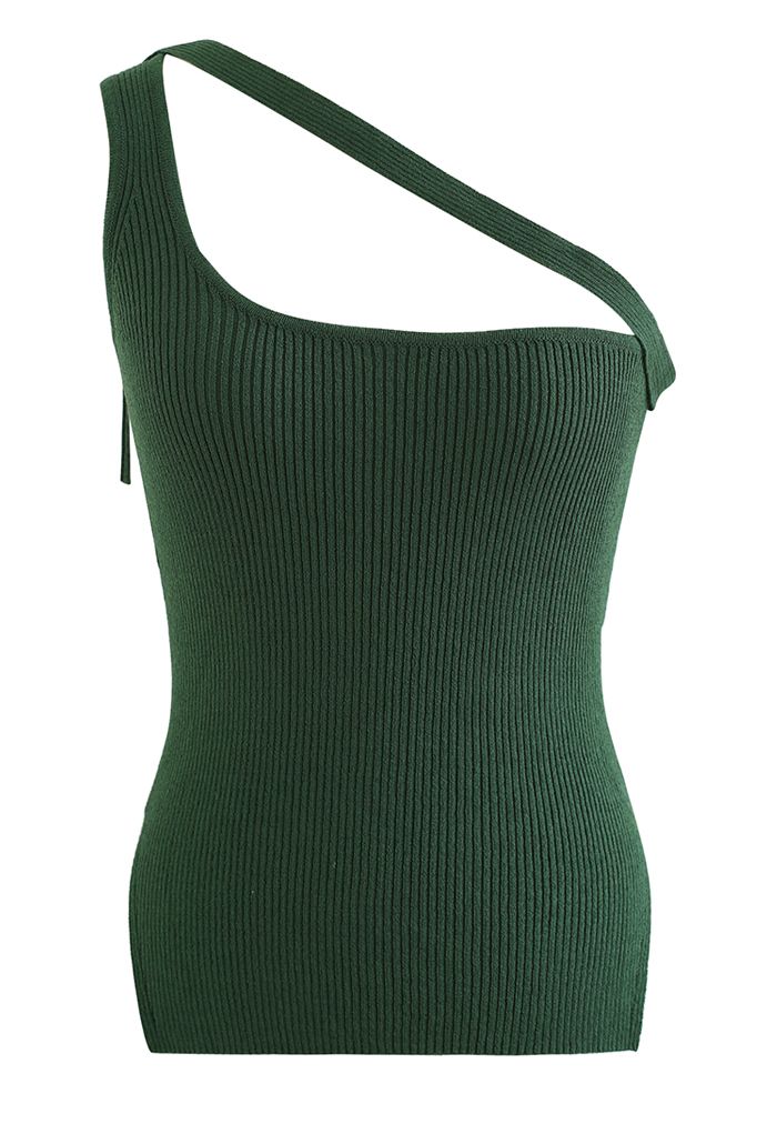 Button Strap One-Shoulder Knit Tank Top in Green