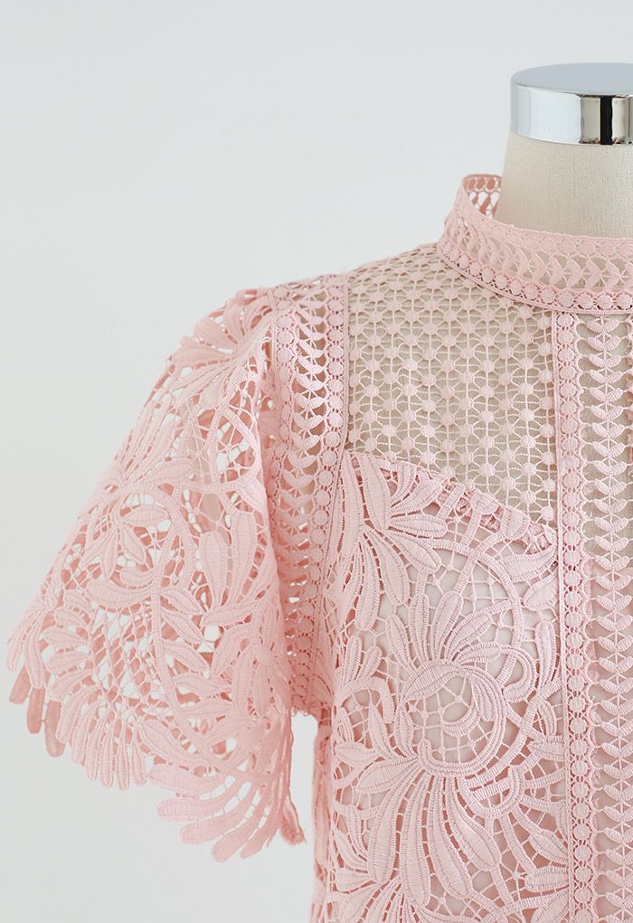 Demure Elegance Crochet Top in Pink