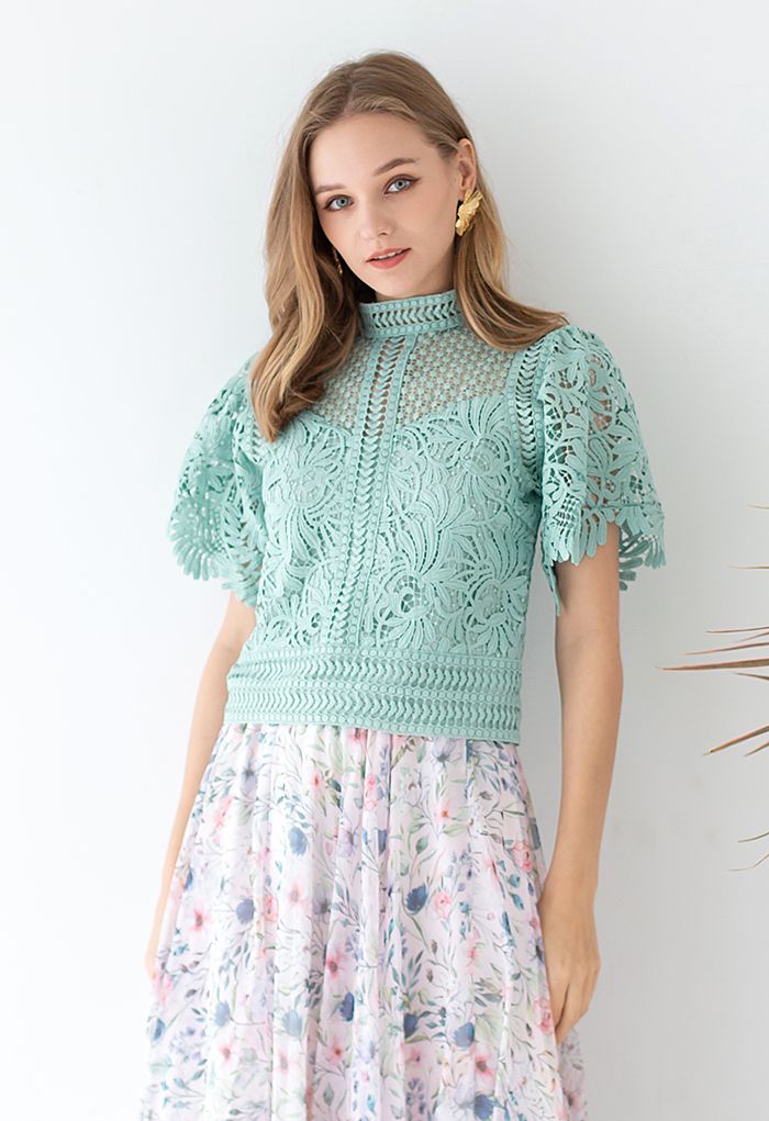 Demure Elegance Crochet Top in Mint