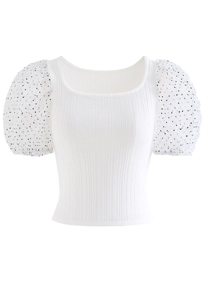 Mesh Rose Sleeve Knit Crop Top in White