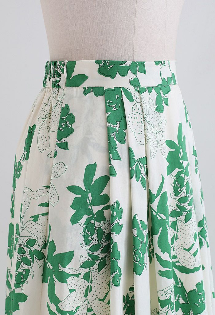 Green Floral Side Pocket Cotton Midi Skirt