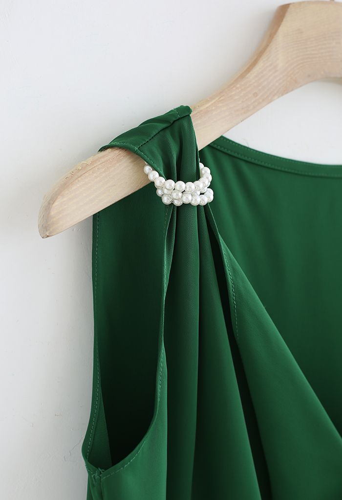 Pearl Decorated Ruffle Neck Sleeveless Top in Emerald