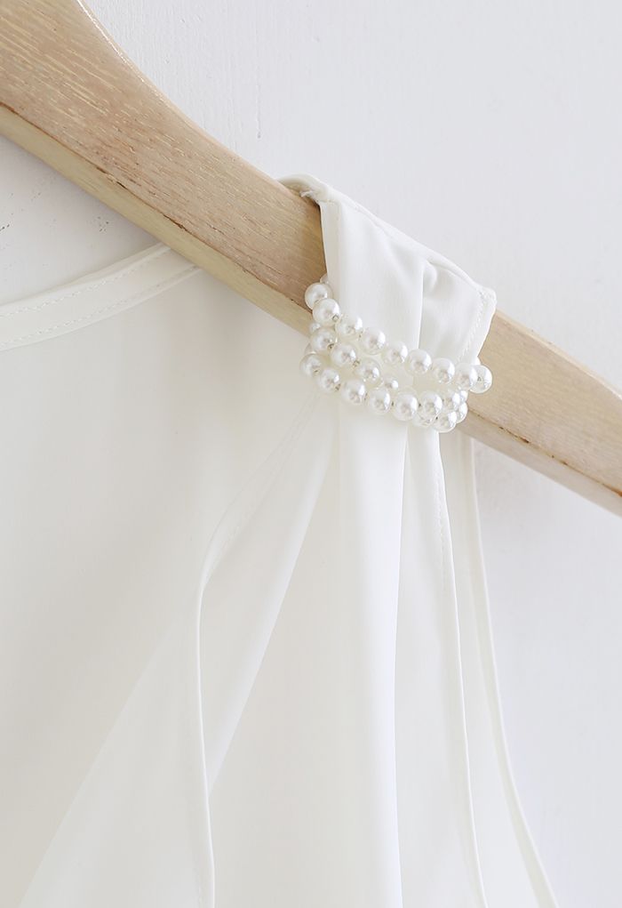 Pearl Decorated Ruffle Neck Sleeveless Top in White