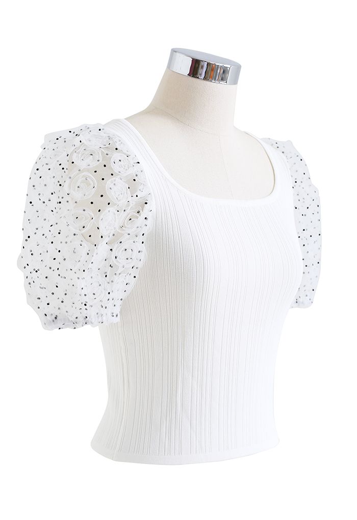 Mesh Rose Sleeve Knit Crop Top in White