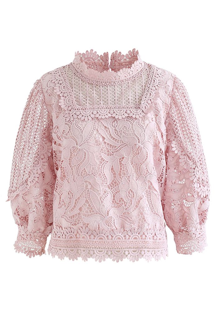 Crochet Blossom Puff Sleeve Top in Pink - Retro, Indie and Unique Fashion
